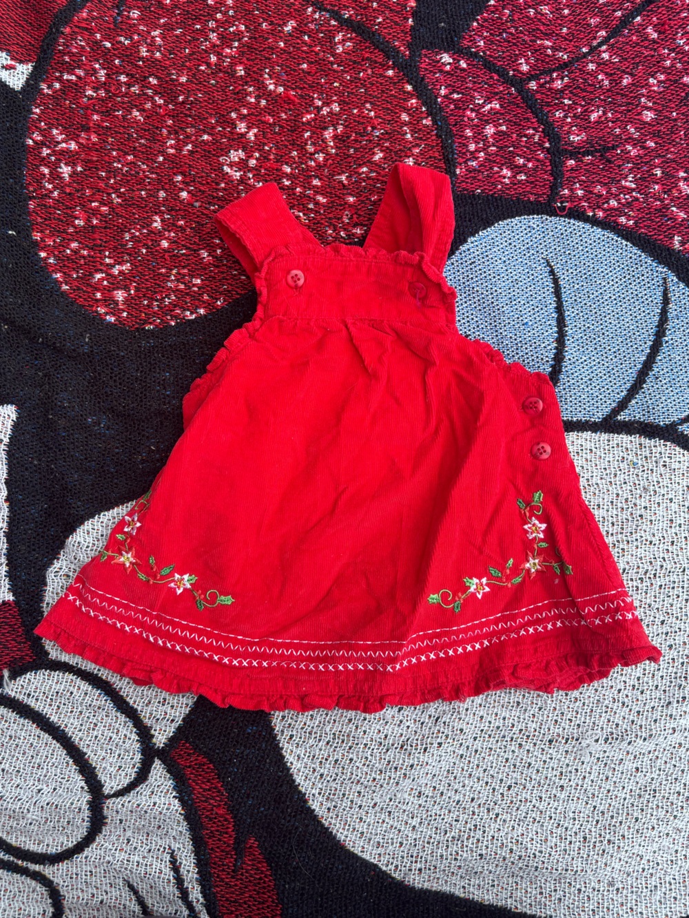 VINTAGE RED CORDUROY EMBLEM BABY DRESS SIZE 3/6 MONTHS